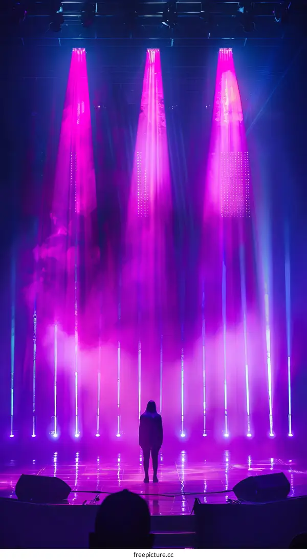 Woman standing alone on a stage with bright lights shining down