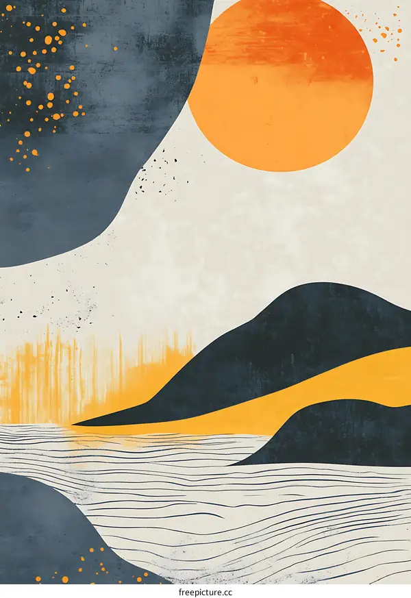 Abstract Art Landscape with Orange Sun and Yellow Lines