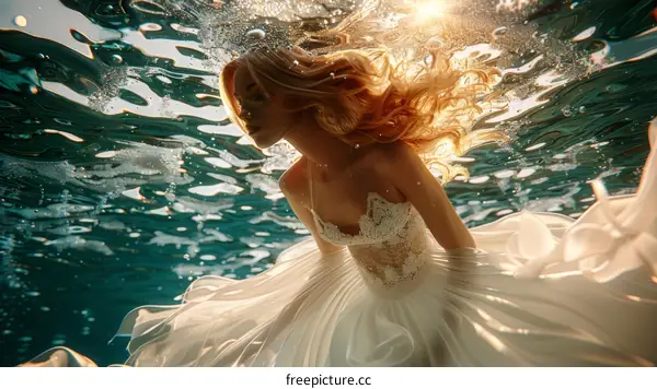 An underwater photo of a woman in a white dress