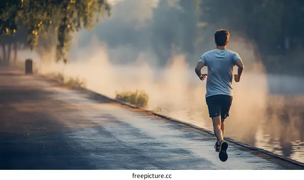 Man Running by the River in the Morning Mist