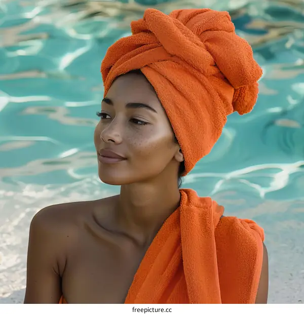 A young woman of African descent is sitting by the pool with an orange towel wrapped around her head and shoulders.