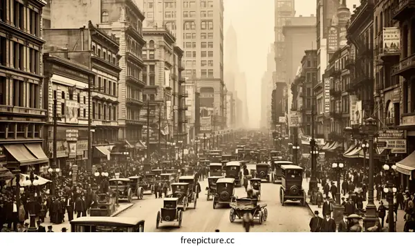 Crowded New York City street with horse-drawn carriages and early automobiles circa 1910