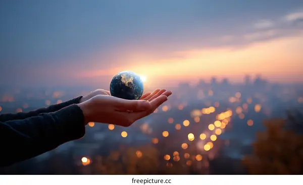 Earth in Hands at Dawn over Cityscape