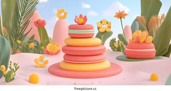 Stack of Colorful Macarons in a Spring Garden Setting