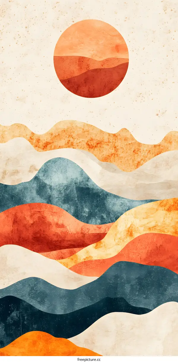 Abstract Watercolor Mountain Landscape with Sun