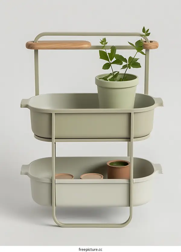 Three Tiered Green Metal Storage Shelf with Wooden Top