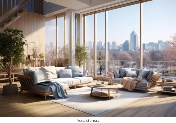 A modern living room with a large windows