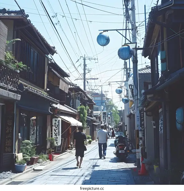 Narrow Street in Japan with Blue Lanterns and Traditional Architecture