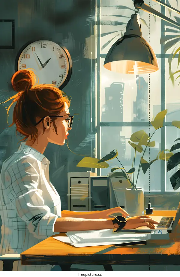 Illustration of a businesswoman working at her desk in an office