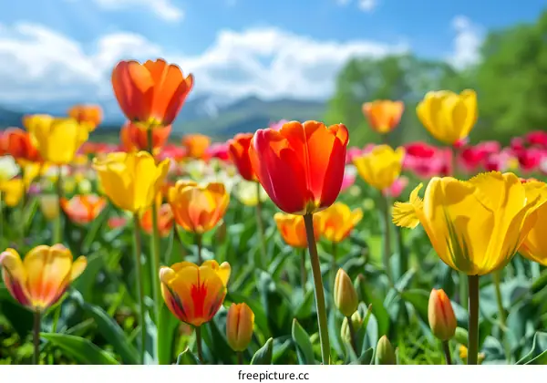 Colorful Tulips in a Field with a Mountain View