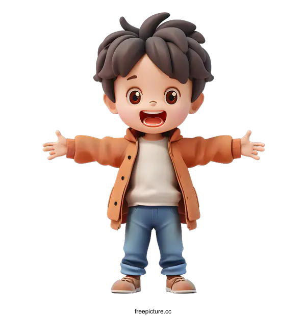[Transparent Background PNG]A 3D rendering of a small boy with brown hair and brown eyes. He is wearing a brown jacket, white shirt, and blue jeans. He has his arms outstretched and is smiling.