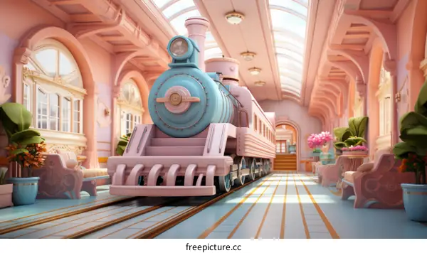 A pink and blue train station with a pink and blue train