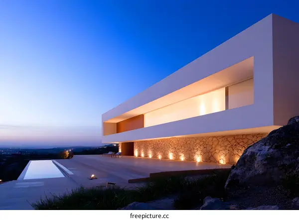 Modern Minimalist Villa with Swimming Pool at Dusk