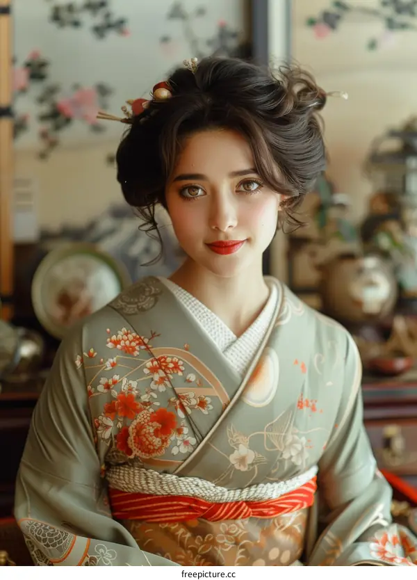Beautiful Young Woman Wearing Traditional Japanese Kimono