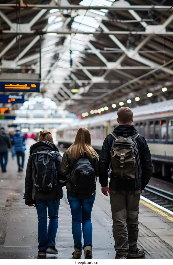Three Friends Walking Away From Each Other At Train Station