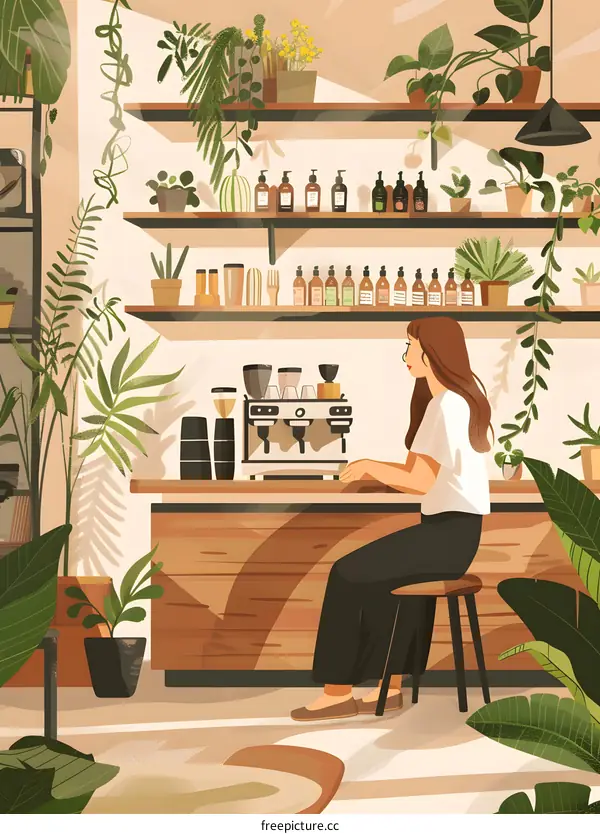 Woman Sitting at a Counter in a Coffee Shop with Plants