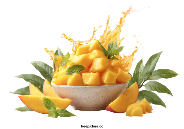 [Transparent Background PNG]Fresh Mango Cubes with Splash of Juice
