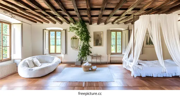 Vintage Italian Villa Interior Design With Exposed Wood Beams And  Large Windows
