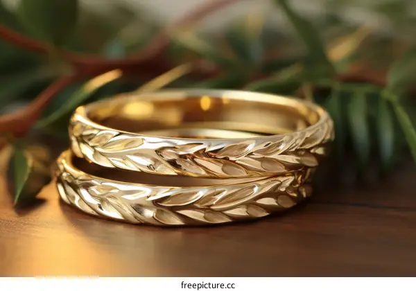 Nature-Inspired Wheat Motif Wedding Rings in Gold