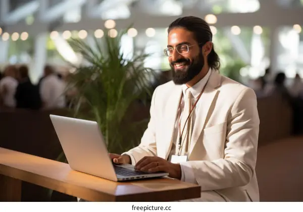Middle Eastern man in white suit working on laptop