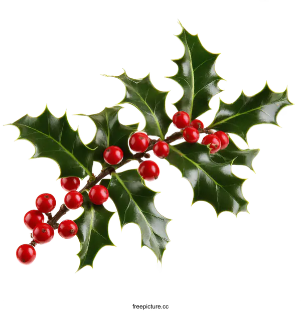 [Transparent Background PNG]Christmas Holly Branch with Red Berries Isolated on White