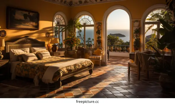 Elegant bedroom with a view of the ocean