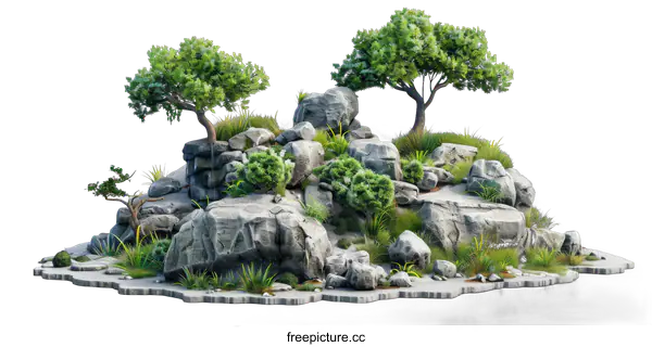 [Transparent Background PNG]Isolated Rock Island with Trees and Grass