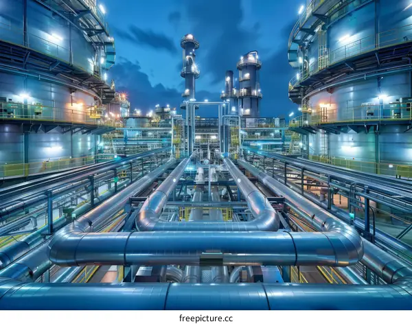 Large blue industrial plant with pipes and storage tanks