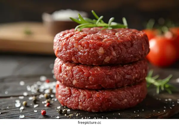 Three raw hamburger patties stacked on a wooden table