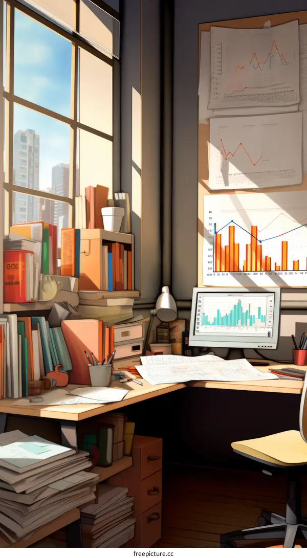 Cluttered desk with a computer, books, graphs, and papers