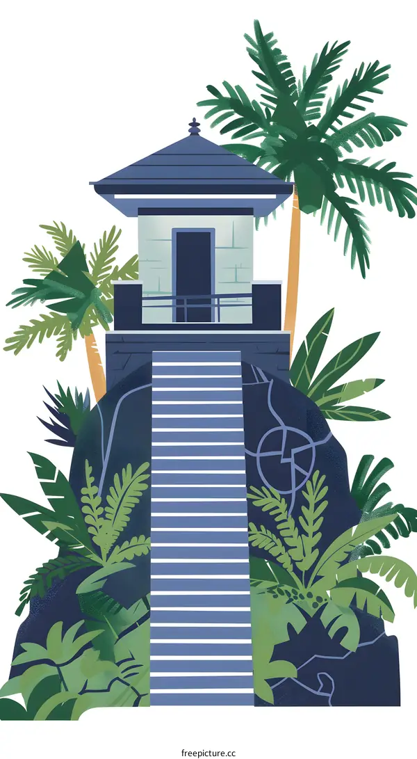 Tropical Island Illustration with a Small Blue House on a Rock