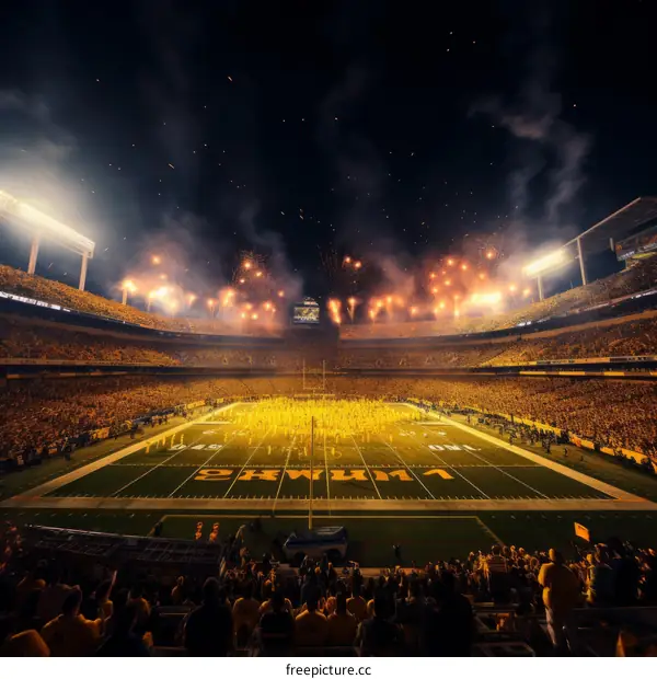American football stadium with fireworks at night