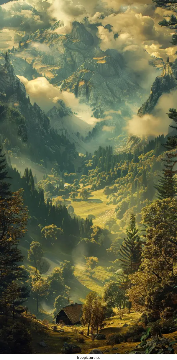 Misty Mountain Valley Landscape Artwork