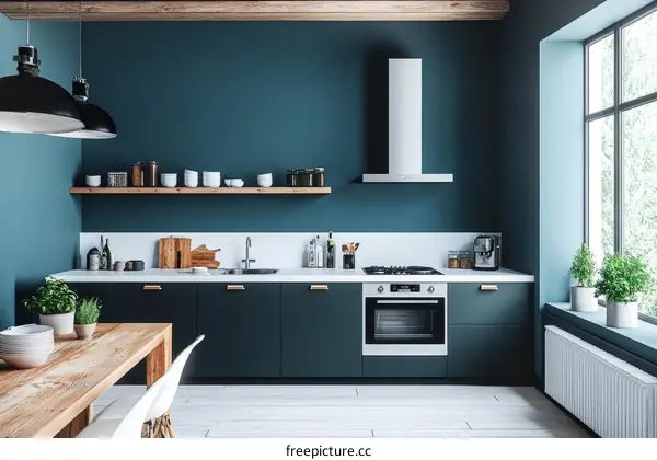 Modern Teal Kitchen Design with Wooden Accents