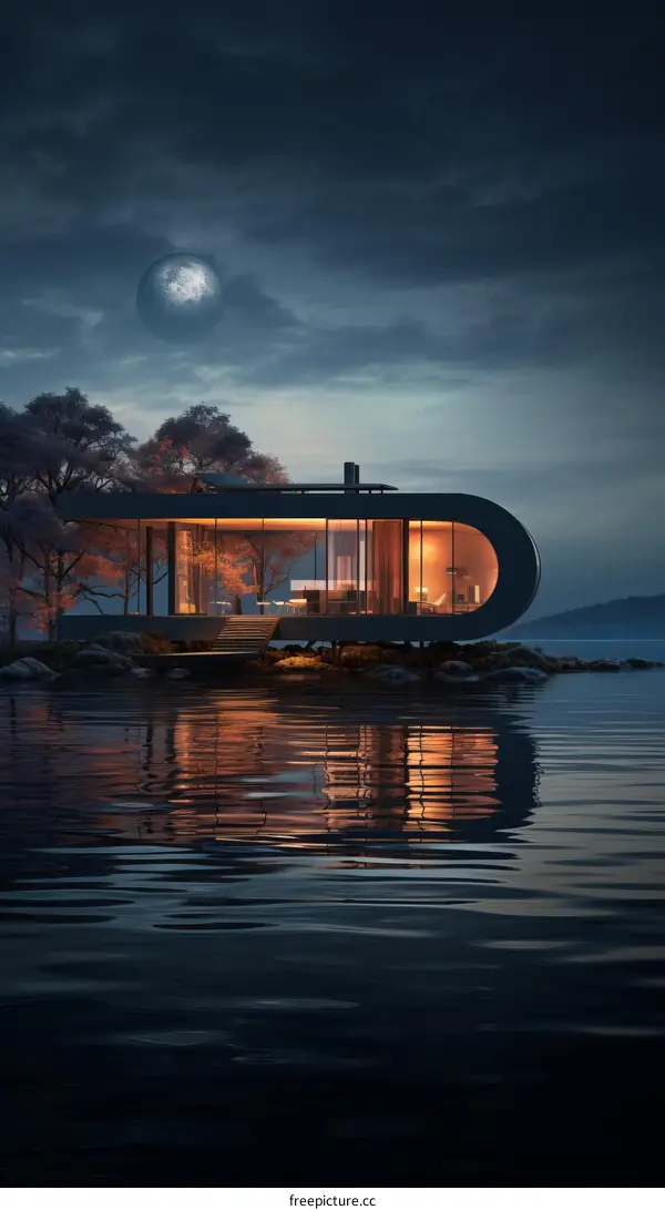 Futuristic Lake House with Moonlit Reflection