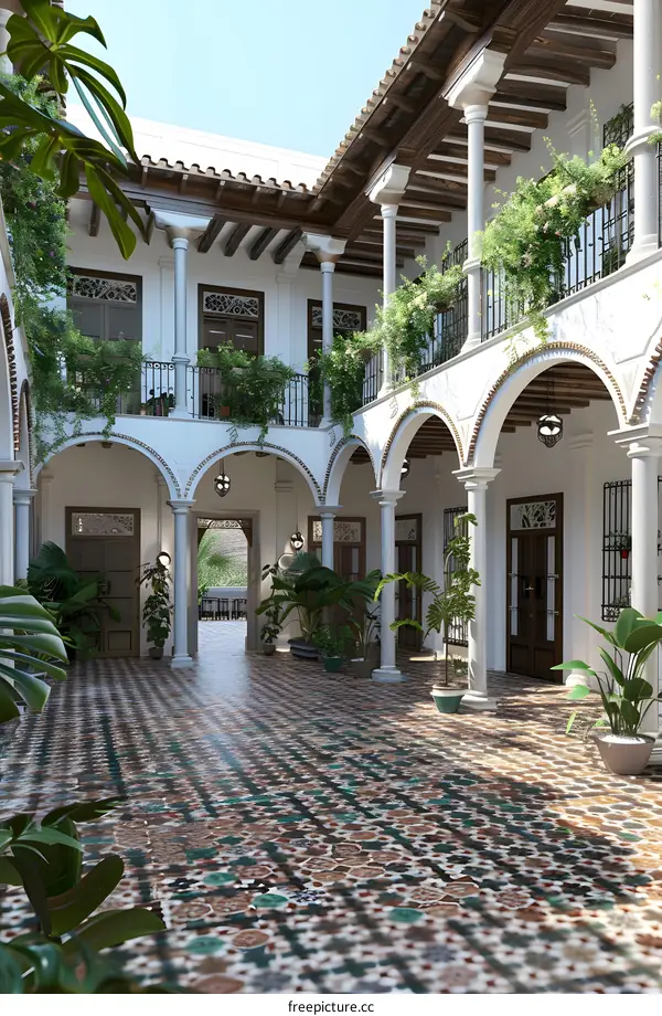 Spanish Courtyard With Geometric Tile Floor