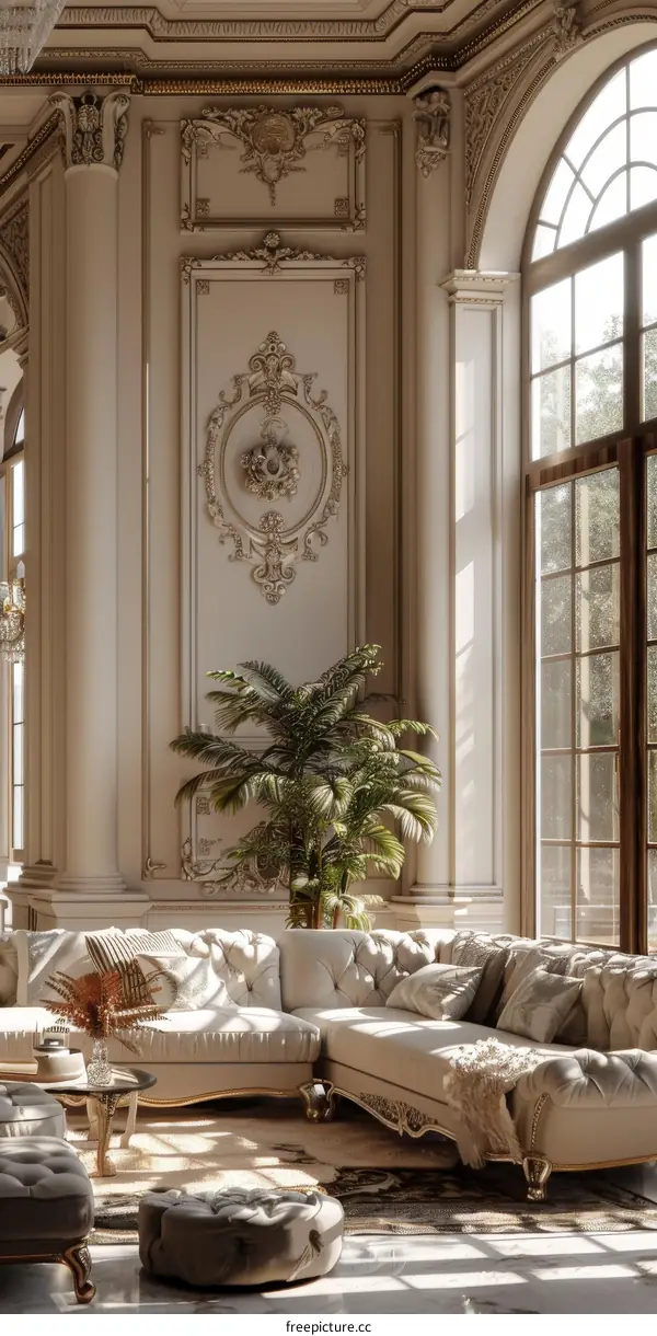 Grand Living Room with Arched Window and Seating Area