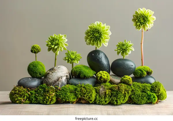 Green Flowers and Stones on Mossy Base