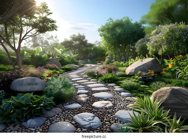 Pebble path through a lush garden