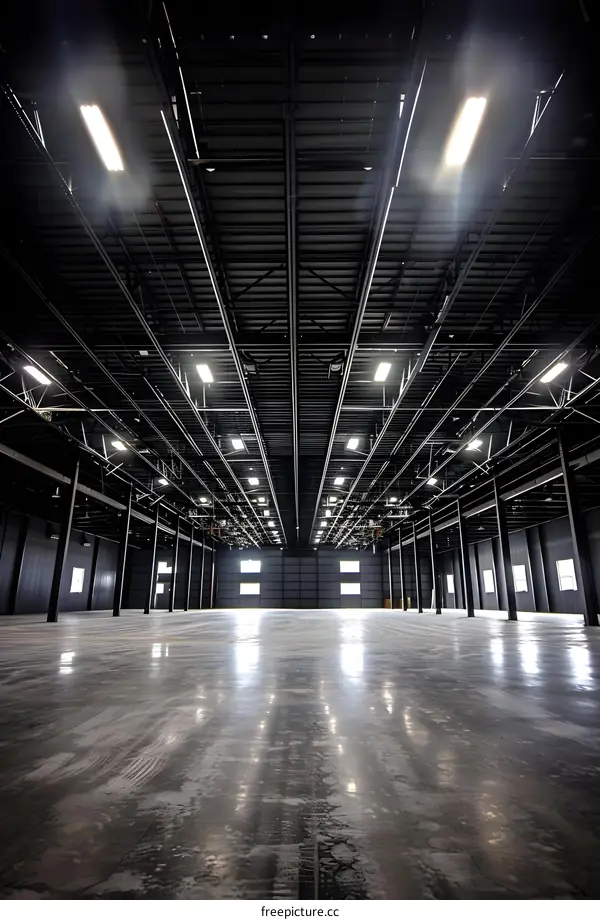 Empty Industrial Warehouse Interior With Black Ceiling and White Lights