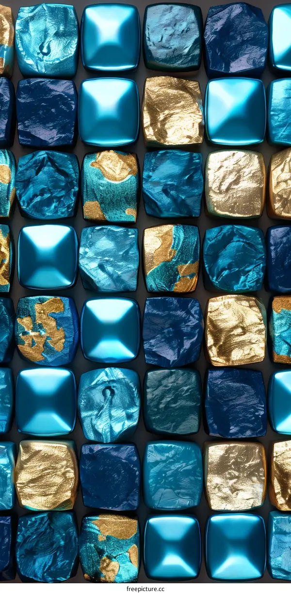 Blue and gold 3D rendering of square tiles with a glossy surface