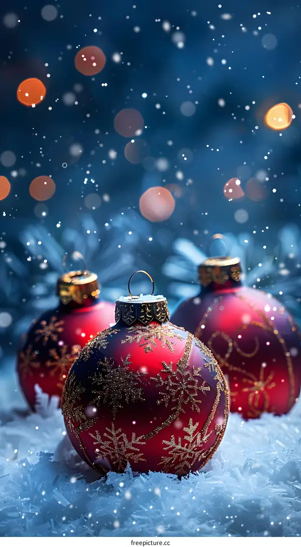 Red Christmas balls with golden snowflakes on a snowy background
