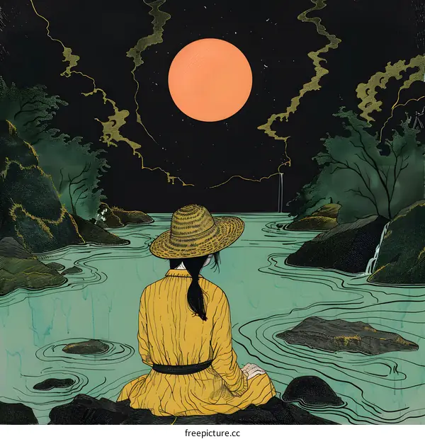 Woman Sitting By The River At Night Under A Full Moon