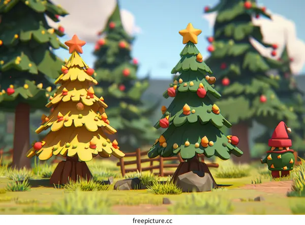 Cartoon Christmas Trees with a Gnome