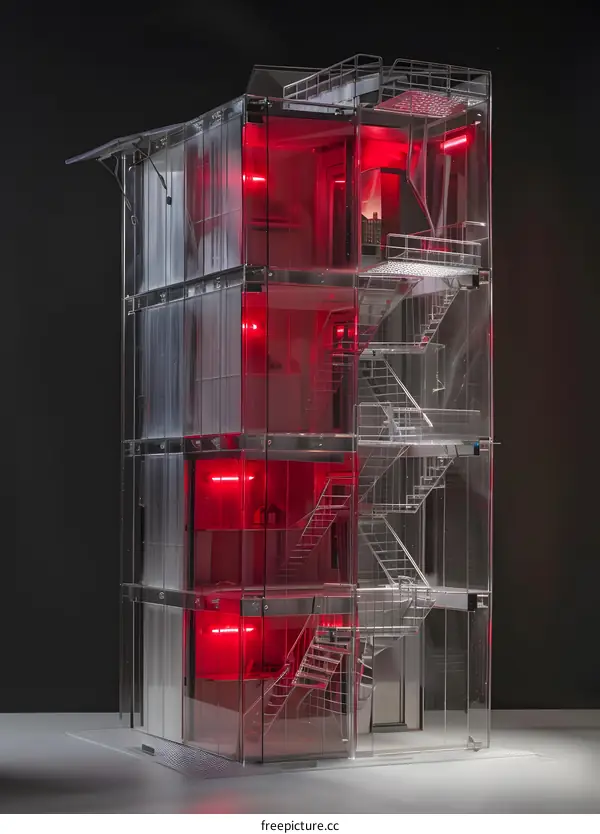 Transparent Building Model with Red Lights