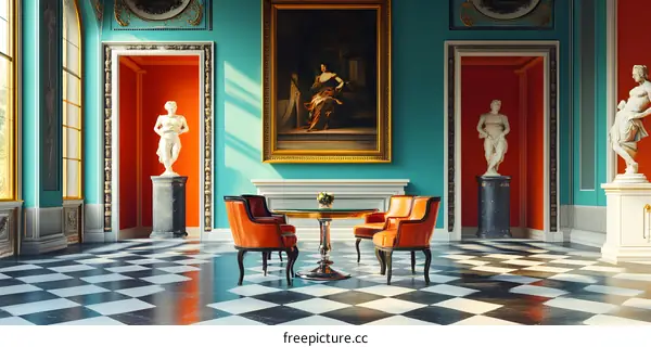 Classic Interior Design with Statues and Painting