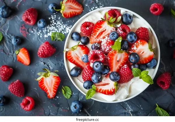 Fresh Fruit Salad with Whipped Cream and Powdered Sugar