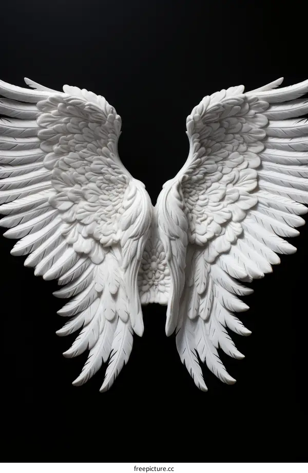 A 3D rendering of a pair of white marble angel wings with intricate details and a dark background