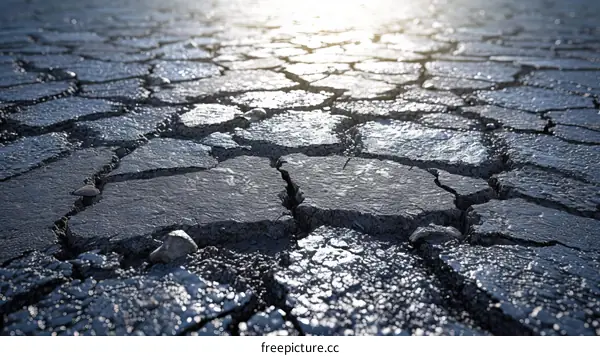 Large cracks in dry asphalt road surface texture background