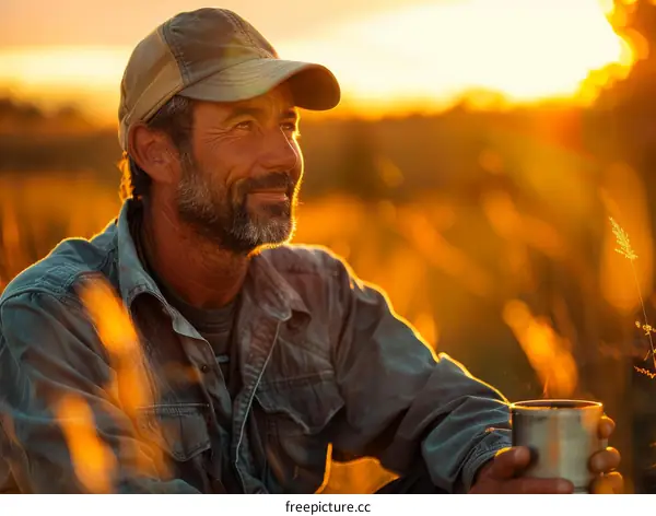 A man is sitting in a field of wheat and holding a cup.